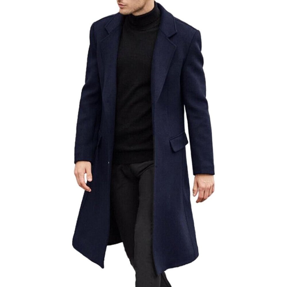 🆕Mens Dark Blue Slim Fit Casual Trench Coat Notched Collar Pea Coat with Pocket